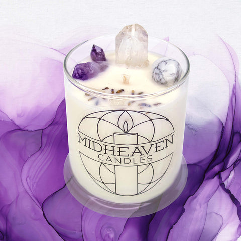 Crystal Intention Candle. Calming Handmade soy candles. White Sage Lavender Scent